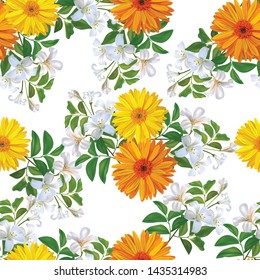 Pot marigold and jasmine flowers seamless pattern vector illustration