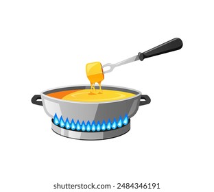 Pot with melted cheese and fork vector isolated on white background.