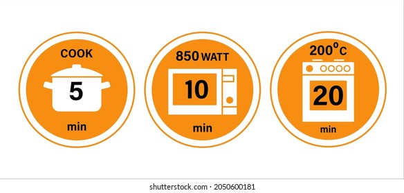 Pot, microwave and oven cooking instruction symbols. 5,10,20 minutes. Vector illustration in flat style for packaging and instructions