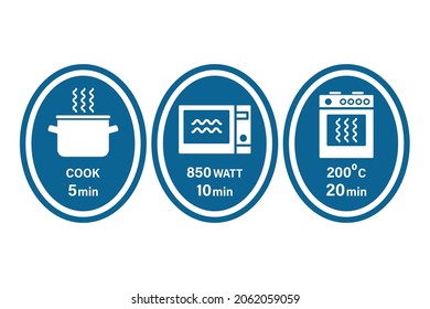 Símbolos para la preparación de ollas, microondas y horno. 5,10,20 minutos. Ilustración vectorial en estilo plano para el embalaje y las instrucciones