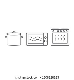 Pot, microwave, and oven icons isolated on white background. Cooking symbol modern, simple, vector, icon for website design, mobile app, ui. Vector Illustration