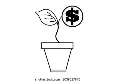 A pot with money flower with dollar. Money tree with dollar symbol.Vector illustration