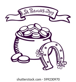 Pot with money and a horseshoe on white background. St.Patrick 's Day. Vector images for your business and design. For postcards, cartoons, games, wallpapers, linen and clothing