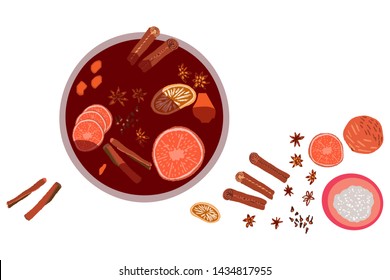 Pot with mulled wine hand drawn color illustration. Holiday composition with decorations. Flat style illustration. Festive greeting card, banner, poster sketch design. Vector