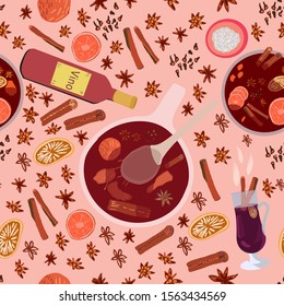 Pot with mulled wine, spices and wine bottle seamless pattern on pink background. Festive textile, web, wrapping paper, background fill.