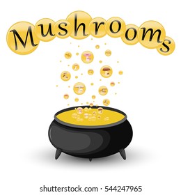 pot of mushrooms in bubbles on a white background.