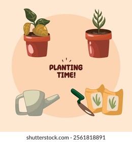 pot objects, shovels and fertilizer for planting activities
