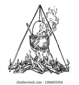 Pot on fire. Cooking. Sketch. Engraving style. Vector illustration.