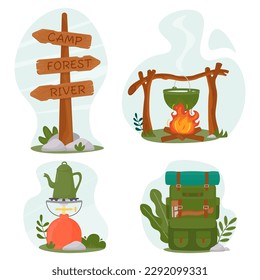 A pot on a fire in the forest. Wooden signpost to the summer camp, river, forest. A traveler's hiking backpack. Camping gas stove with coffee kettle.
The burner. Vector illustration in a flat style.
