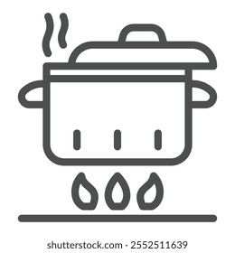 Pot on fire line icon, cooking concept. Vector graphics. Kitchen pot sign on white background, outline style icon for mobile or web design