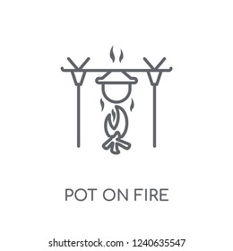 Pot on fire linear icon. Modern outline Pot on fire logo concept on white background from camping collection. Suitable for use on web apps, mobile apps and print media.