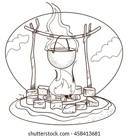 Pot on the fire logo. Picnic, tourism, travel inventory. Illustration for coloring.