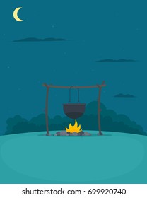 pot on fire in night time. Vector illustration