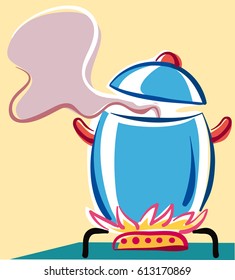 Pot on the fire of a stove, while a tasty soup bubbles.