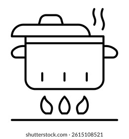 Pot on fire thin line icon, cooking concept. Vector graphics. Kitchen pot sign on white background, linear style mobile or design