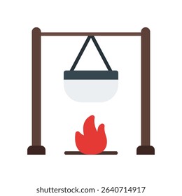 Pot On Fire Vector for Cooking Outdoors and Campfire Meals. Campfire cooking illustration, nature meal concept, camping food