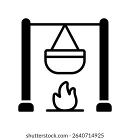 Pot On Fire Vector for Cooking Outdoors and Campfire Meals. Campfire cooking illustration, nature meal concept, camping food