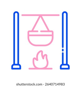 Pot On Fire Vector for Cooking Outdoors and Campfire Meals. Campfire cooking illustration, nature meal concept, camping food
