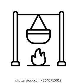 Pot On Fire Vector for Cooking Outdoors and Campfire Meals. Campfire cooking illustration, nature meal concept, camping food