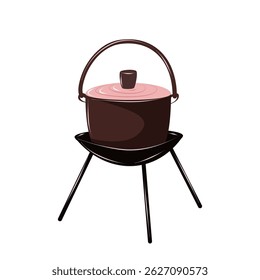 Pot on grill for cooking food outdoors. Camping equipment and utensils for summer recreation. Isolated vector illustration on white background.