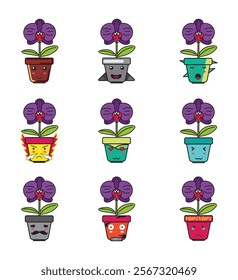 Pot and Orchid Flower Cartoon with Cute Emoticon Set for Design Element or Sticker