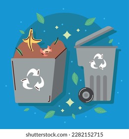 pot with organic garbage and waste bin icon