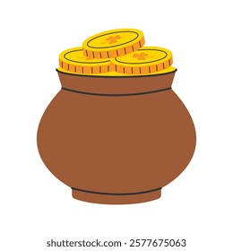 A pot overflowing with gold coins, each featuring a shamrock, a symbol of St. Patrick's Day and good luck. Vector illustration isolated on white. 