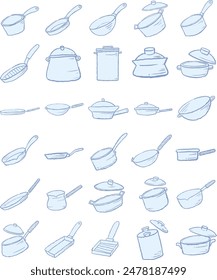Pot and pan hand draw illustration for decoration on restaurant, cooking and kitchen ware concept.