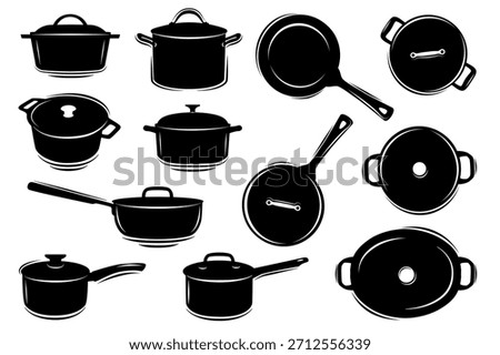 Pot and pan icon collection. Black dish silhouettes with a lids. Vector illustration with saucepan, saute pan, stock pan, isolated on a white background
