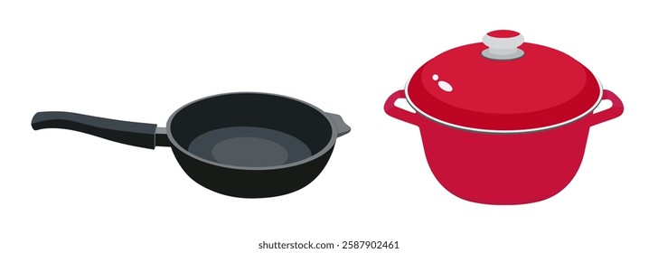 Pot and pan Isolated on a white background. Pot with lid and cast iron skillet with thick walls. Vector illustration in flat style. Colored icon of kitchen utensils, dishes.