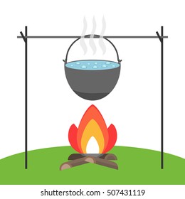 Pot, pan on fire icon. Flat design, vector image. Vector.