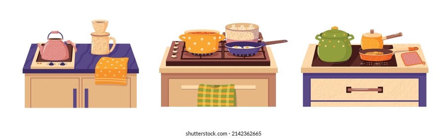 Pot and pan on stove. Cooking food on different types kitchen cooktops, gas, electric and induction, boiling and frying food, preparing dinner and breakfast vector isolated concept