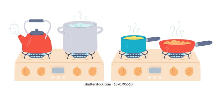 Pot and pan on stove. Preparing food and boiling water in saucepan and kettle with steam on kitchen gas stoves. Cooking on fire vector set. Water boiling on flame, cooker with flame