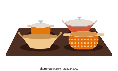 Pot and pan on stove. Preparing food and boiling water in saucepan and kettle with steam on kitchen gas stoves. Cooking on fire vector set. Water boiling on flame, cooker with flame