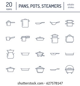 Pot, pan and steamer flat line icons. Restaurant professional equipment signs. Kitchen utensil - wok, saucepan, eaternware dish. Thin linear signs for commercial cooking store.