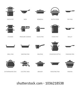 Pot, pan and steamer glyph icons. Restaurant professional equipment signs. Kitchen utensil - wok, saucepan, eathernware dish. Silhouette signs for commercial cooking store. Pixel perfect 64x64.