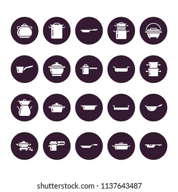 Pot, pan and steamer glyph icons. Restaurant professional equipment signs. Kitchen utensil - wok, saucepan, eathernware dish. Silhouette signs for commercial cooking store. Pixel perfect 64x64.