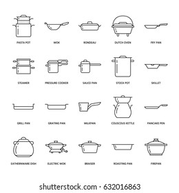 Pot, pan and steamer line icons. Restaurant professional equipment signs. Kitchen utensil - wok, saucepan, eathernware dish. Thin linear signs for commercial cooking store.