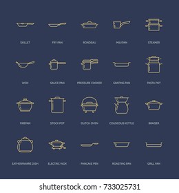 Pot, pan and steamer line icons. Restaurant professional equipment signs. Kitchen utensil - wok, saucepan, eathernware dish. Thin linear signs for commercial cooking store.