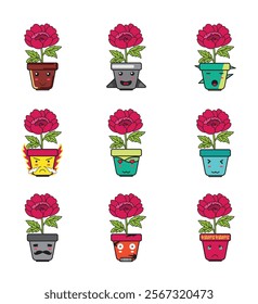 Pot and Peony Flower Cartoon with Cute Emoticon Set for Design Element or Sticker