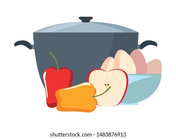 pot pepper and bowl eggs preparation cooking