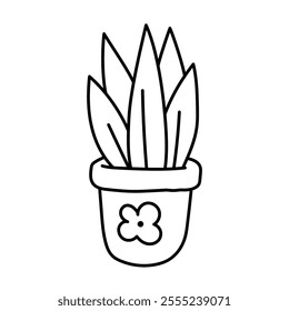 Pot with a plant, a flower. Black and white illustration, hand drawn coloring.