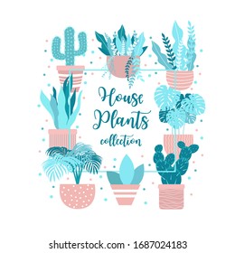 Pot plant frame. Home, office flowers vector icon illustration. Green plants in brown clay pots flat style design collection
