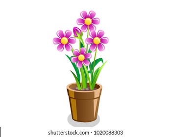 Pot with Plant and Purple Flowers  - Cartoon Vector Image