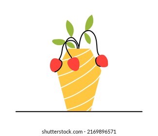 A pot with a plant, red buds. Cute, yellow striped pot