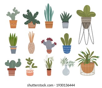 Pot plant set different potted plants in ceramic and glass pots. Home potted plants. Vector flat illustration