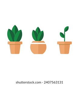 Pot plant set. Plants plastic decorative container and hanging styling indoor basket for potting tree vector collection
