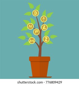 Pot of plant with various cryptocurrency
