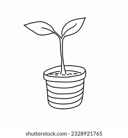 Pot with plant. Young sprout. Vector doodle illustration. Seedling. Summer gardening