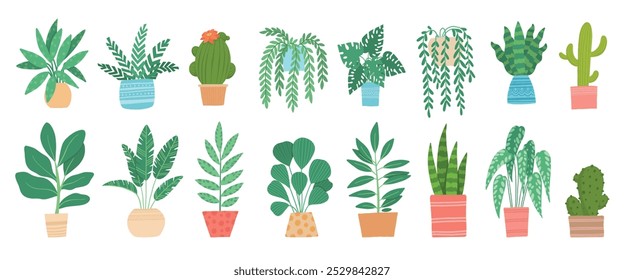 Plantas de maceta. Alberga hojas tropicales, árboles, suculentas y cactus. Selva Urbana, jardín verde casero en macetas. Conjunto de Vector de planta de hogar de dibujos animados. Cactus suculento, planta de interior para decoración interior blanco